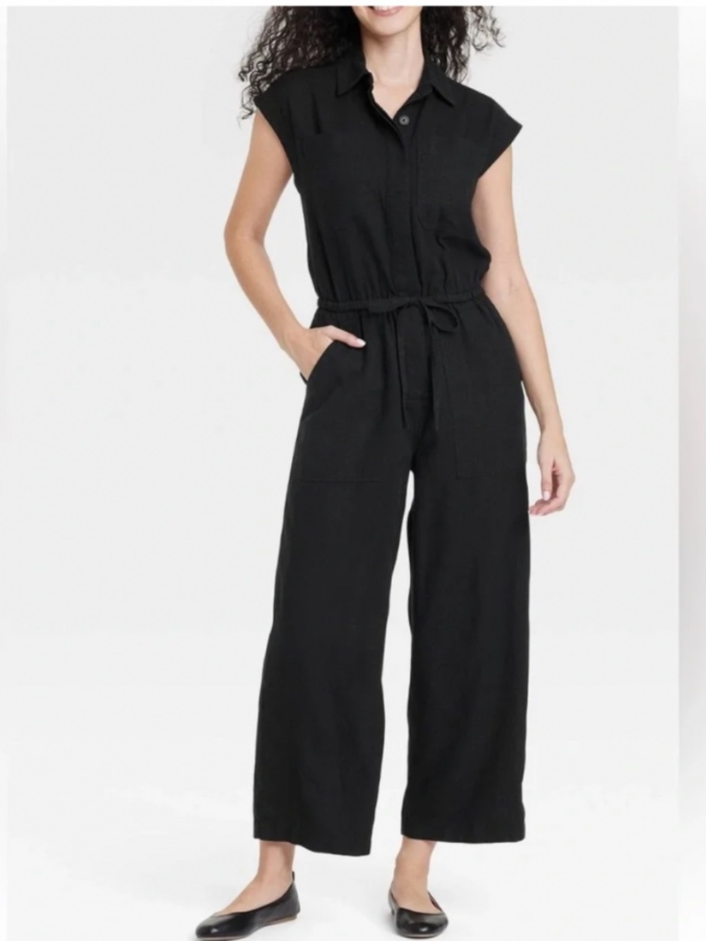 Universal Thread Black Sleeveless Collared Wide-Legged Linen Jumpsuit